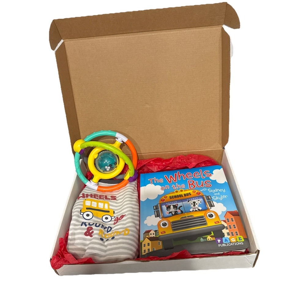 The Wheels on the Bus with Sydney and Skyler Book, 3/6 Months Bodysuit & Toy Box